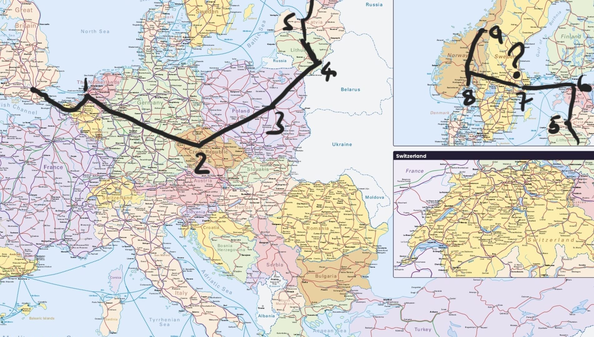 Rail map of Europe showing proposed travel